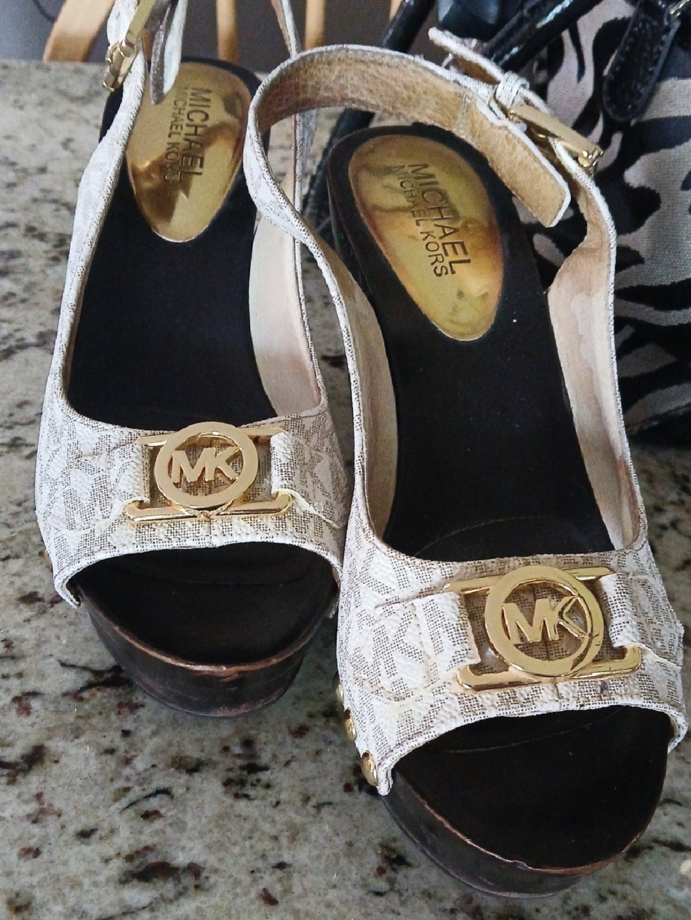 Michael Kors Women's Beige Logo Platform Sandals with Gold Hardware